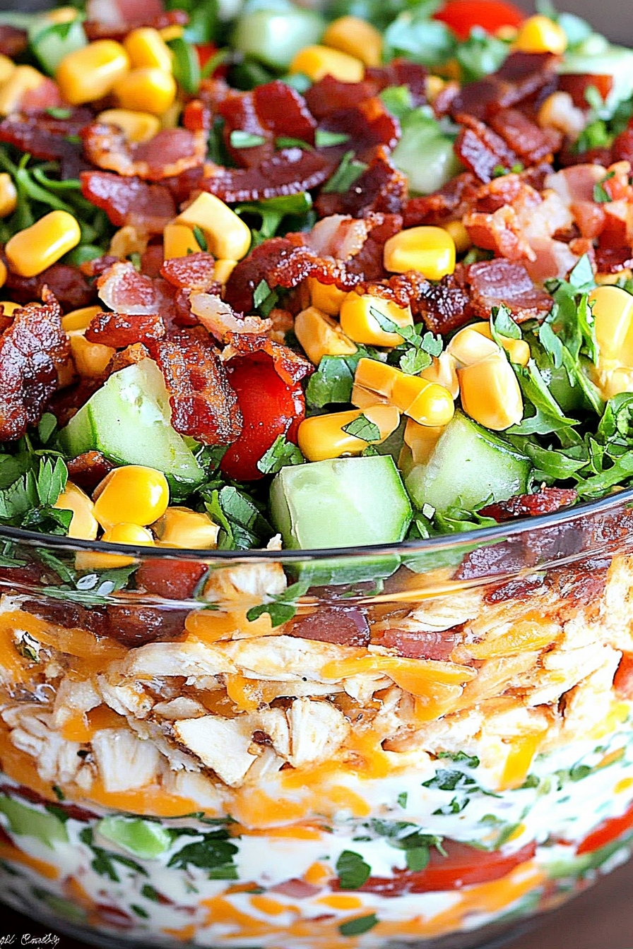 7-Layer Chicken Bacon Ranch Salad slice on plate showing perfect texture and swirl pattern