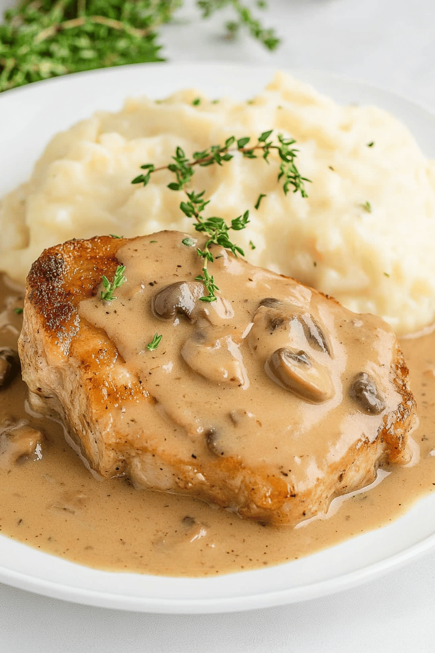 Crock Pot Pork Chops Cream of Mushroom final dish beautifully presented and ready to serve
