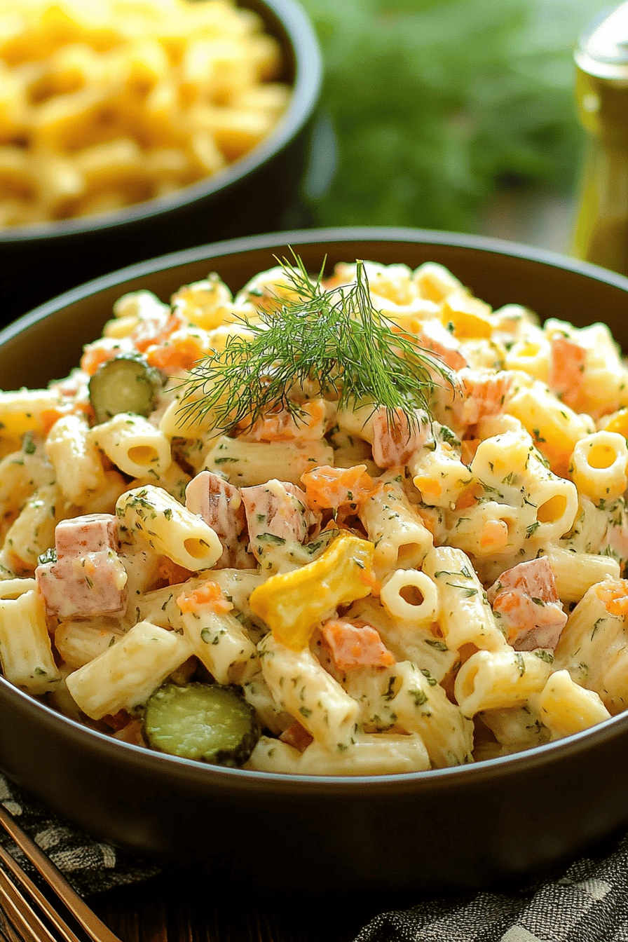 Dill Pickle Pasta Salad slice on plate showing perfect texture and swirl pattern