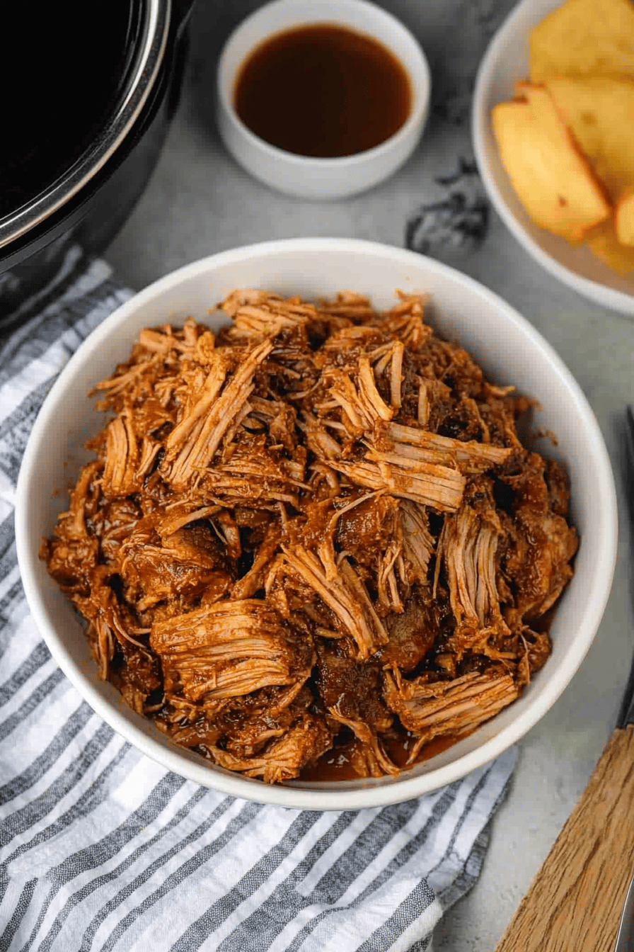 Instant Pot Pulled Pork slice on plate showing perfect texture and swirl pattern