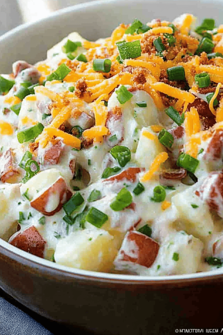 Loaded Baked Potato Salad slice on plate showing perfect texture and swirl pattern