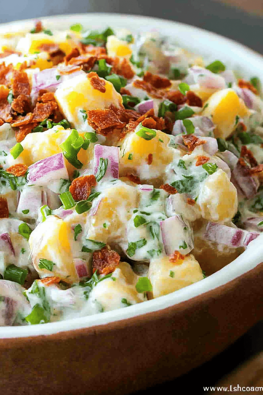 Loaded Baked Potato Salad final dish beautifully presented and ready to serve
