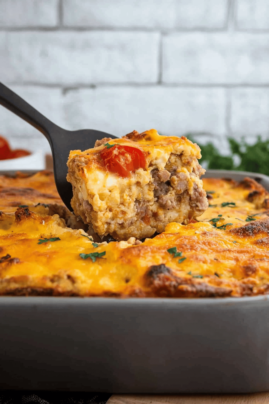 Sausage and Egg Breakfast Casserole slice on plate showing perfect texture and swirl pattern