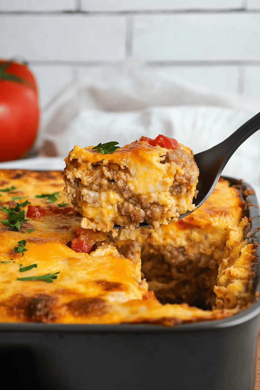 Sausage and Egg Breakfast Casserole final dish beautifully presented and ready to serve