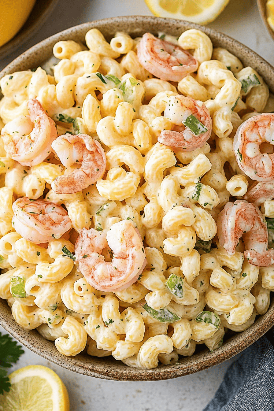 Shrimp Macaroni Salad Recipe slice on plate showing perfect texture and swirl pattern
