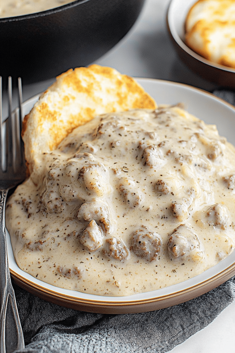 sausage gravy recipe ingredients organized and measured on kitchen counter