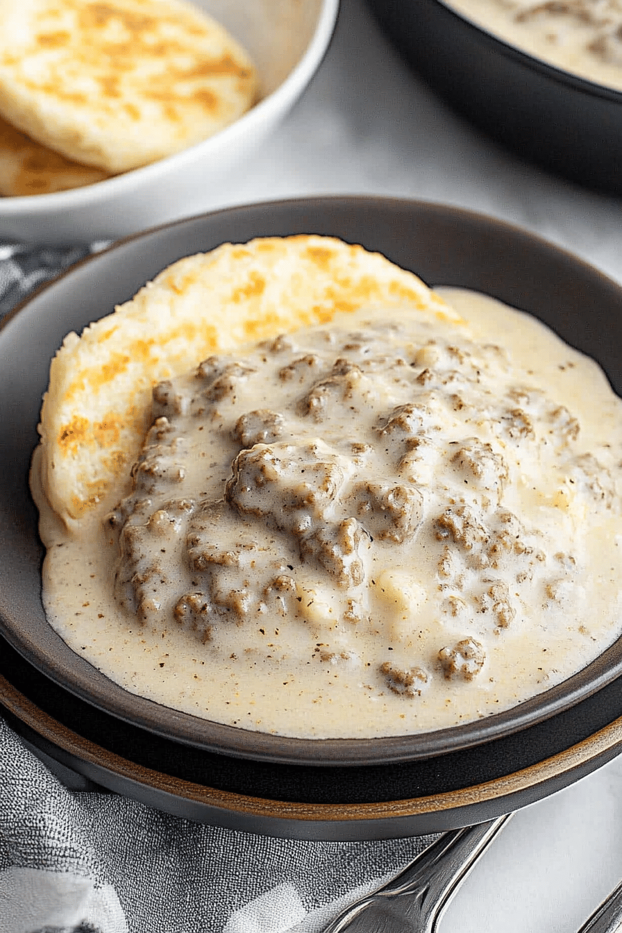 sausage gravy recipe slice on plate showing perfect texture and swirl pattern