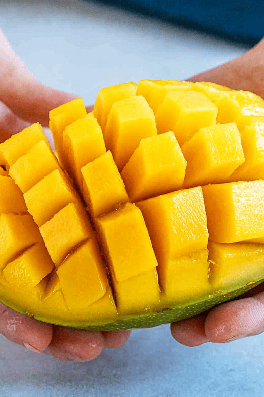 Cut a mango slice on plate showing perfect texture and swirl pattern