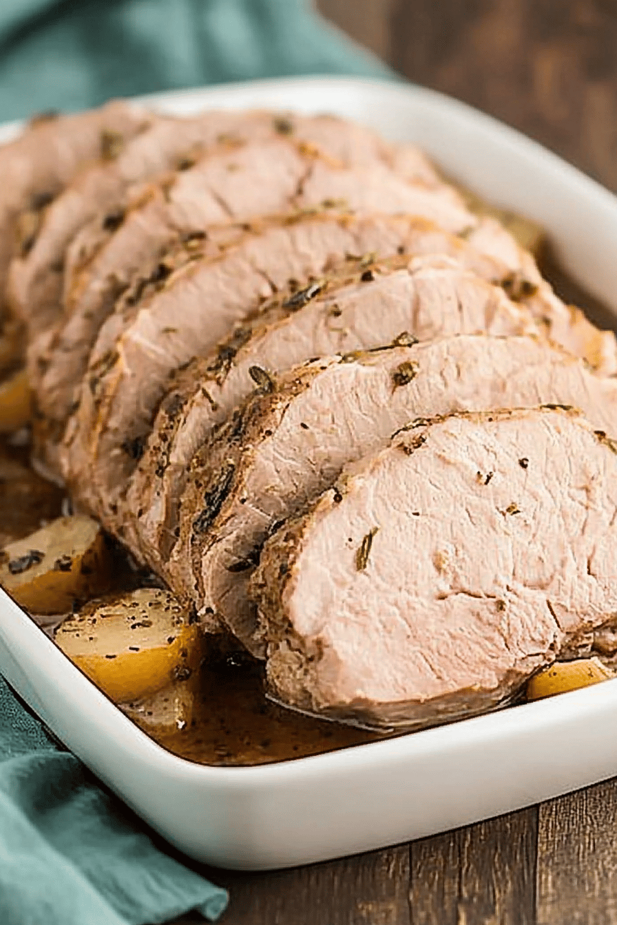 Pork roast slice on plate showing perfect texture and swirl pattern
