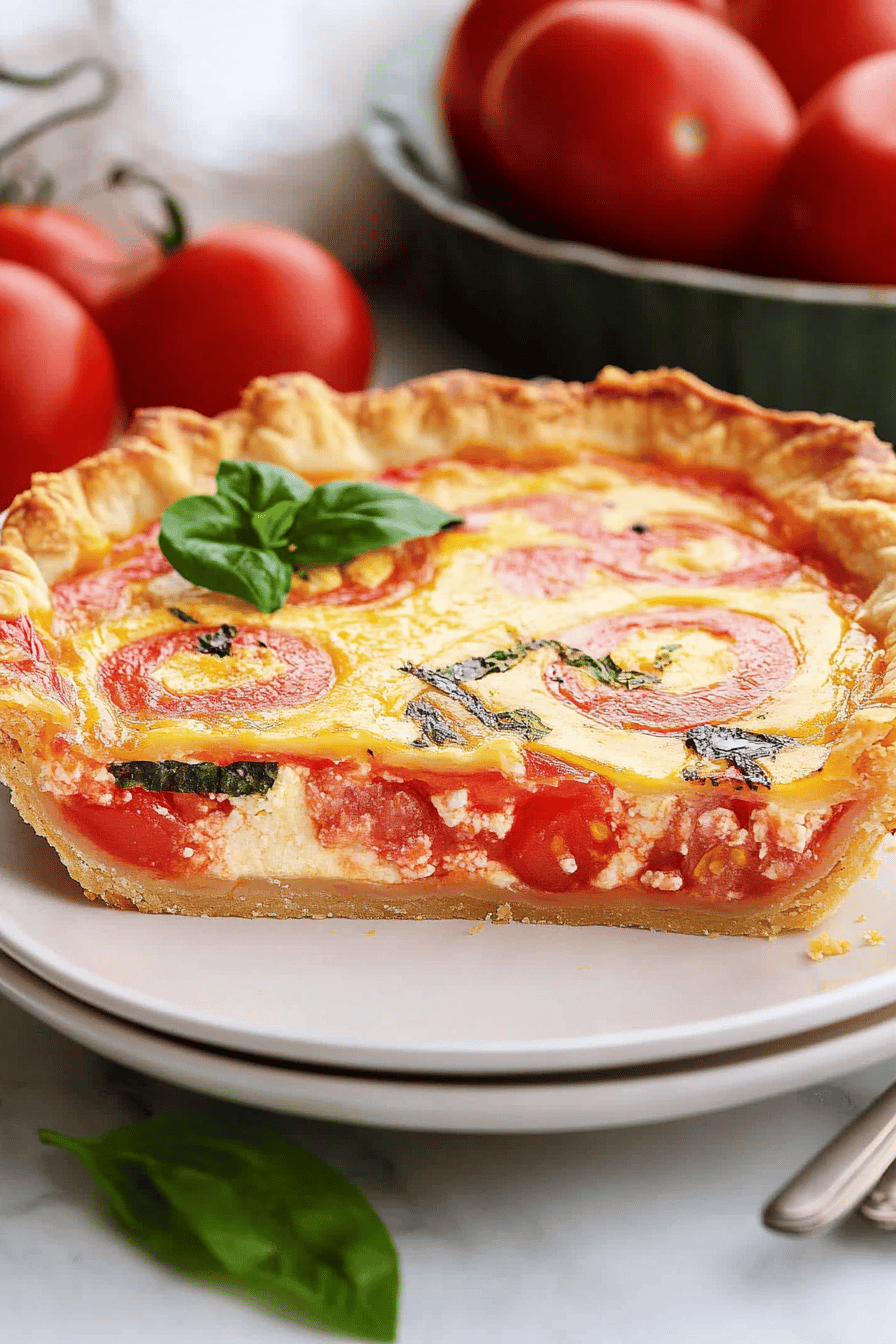 Tomato pie slice on plate showing perfect texture and swirl pattern