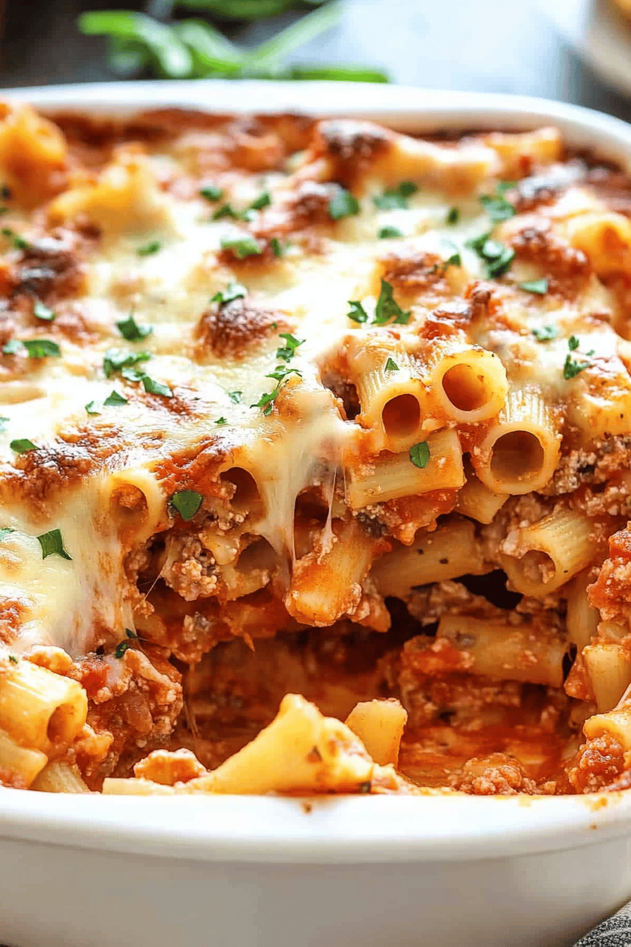 baked ziti slice on plate showing perfect texture and swirl pattern