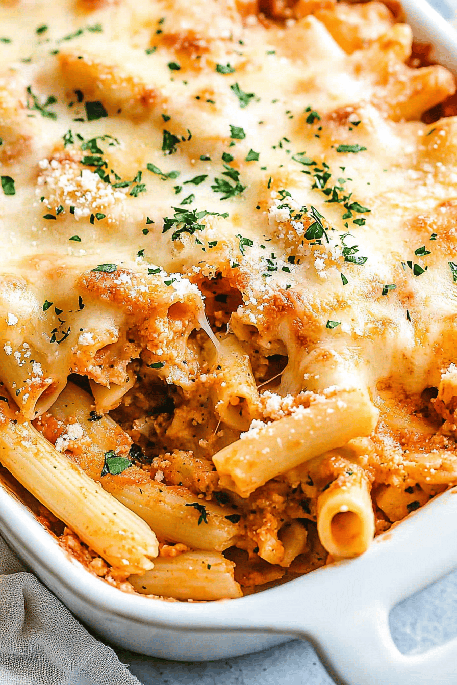 baked ziti recipe ingredients organized and measured on kitchen counter