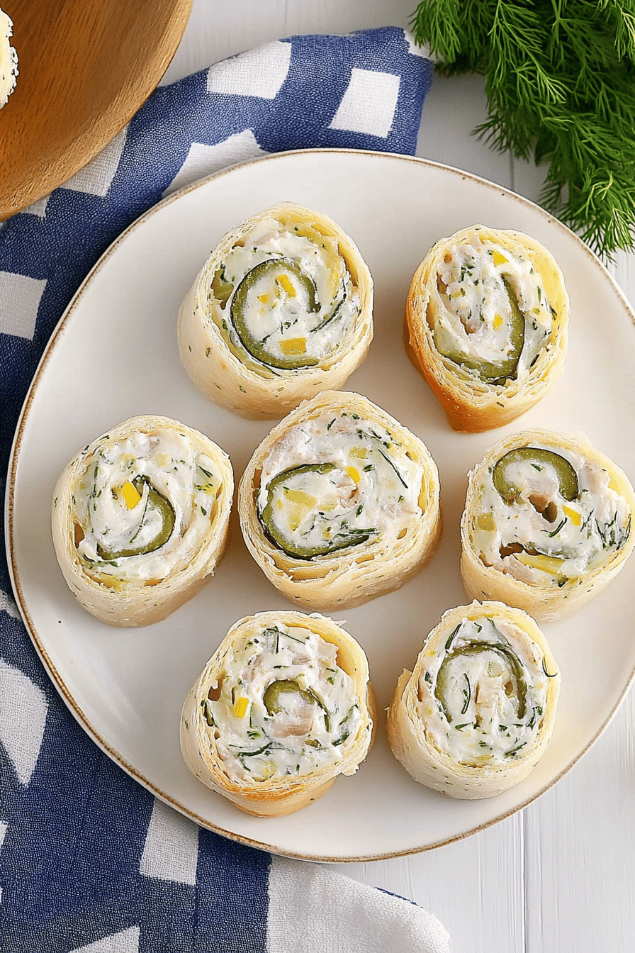 dill pickle pinwheels slice on plate showing perfect texture and swirl pattern