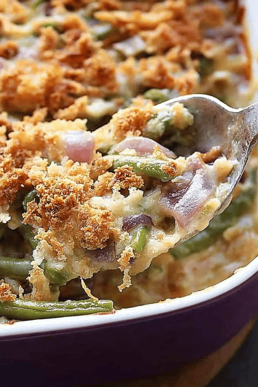 green bean casserole slice on plate showing perfect texture and swirl pattern