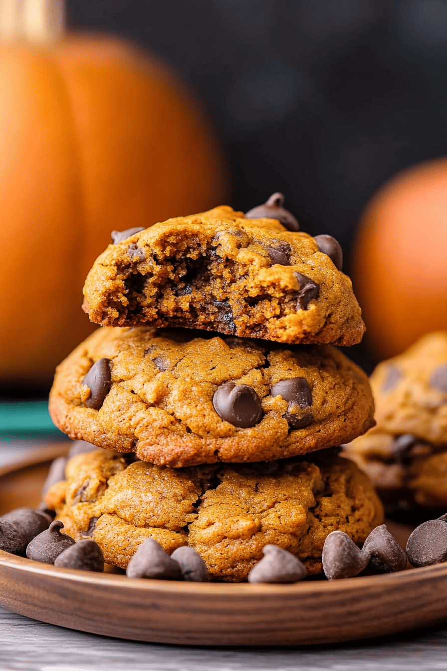 pumpkin chocolate chip cookies slice on plate showing perfect texture and swirl pattern
