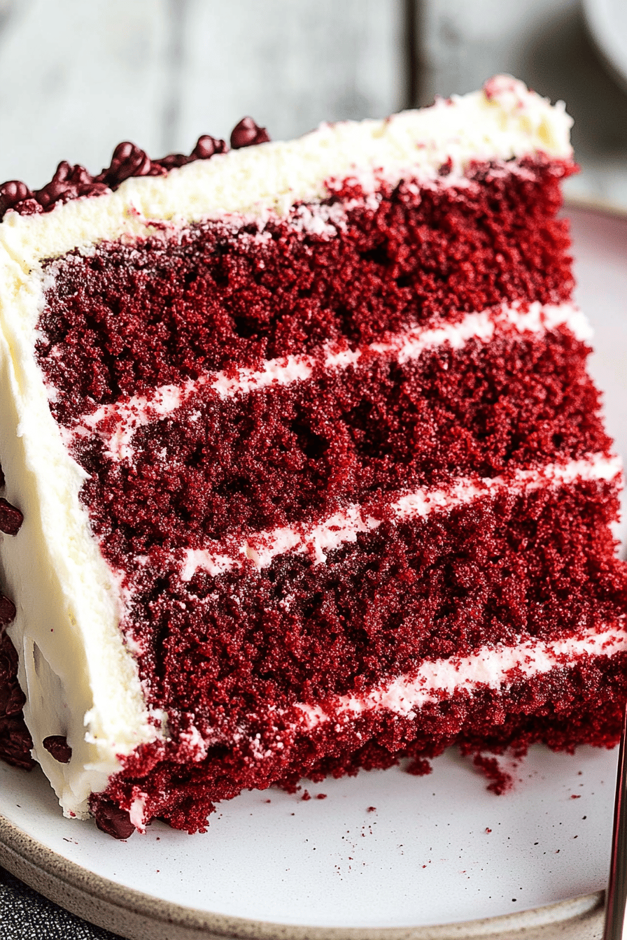 red velvet cake slice on plate showing perfect texture and swirl pattern