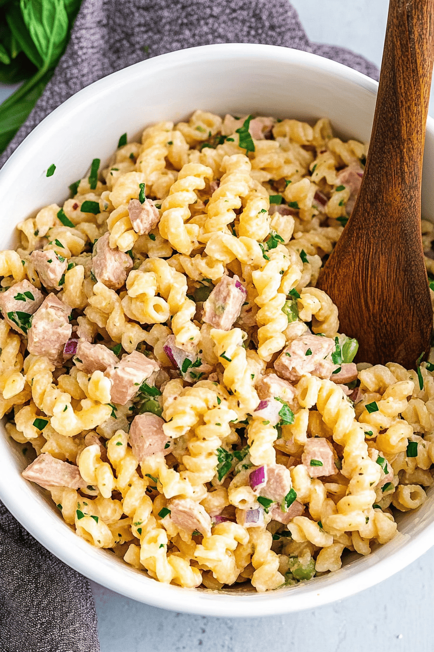 tuna pasta salad slice on plate showing perfect texture and swirl pattern