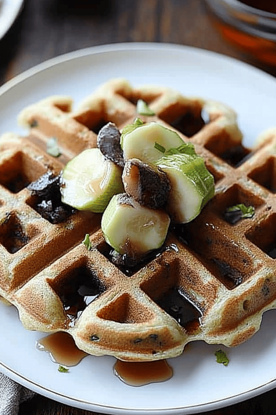 zucchini waffles slice on plate showing perfect texture and swirl pattern